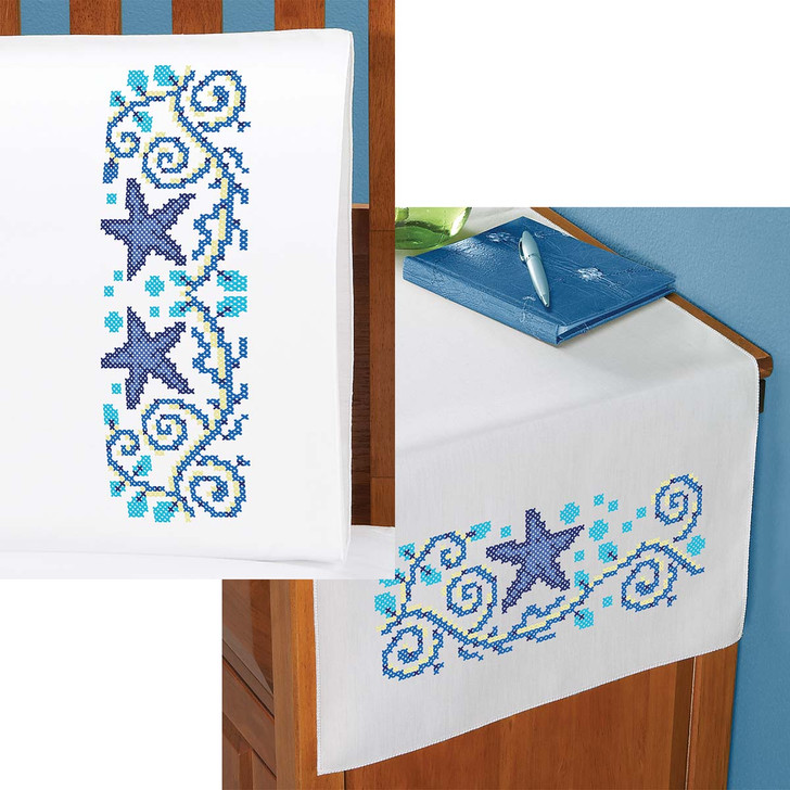 Herrschners Seaside Treasures Pillowcase Pair or Dresser Scarf Thread Kit