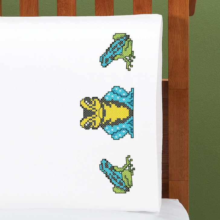 Herrschners Tropical Frogs Pillowcase Pair Stamped Cross-Stitch