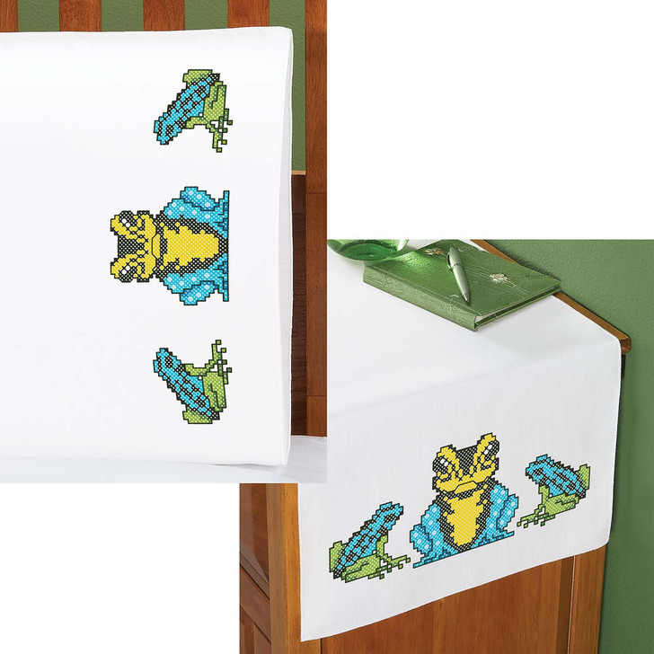 Tropical Frogs Pillowcase Pair or Dresser Scarf Thread Kit