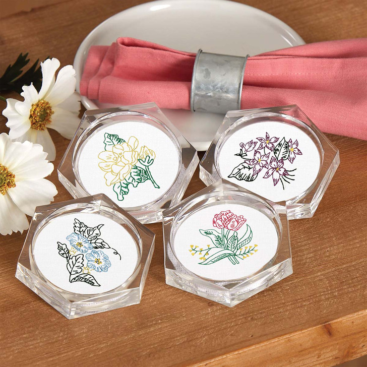 Herrschners Adeline's Floral Coasters Stamped Embroidery Kit