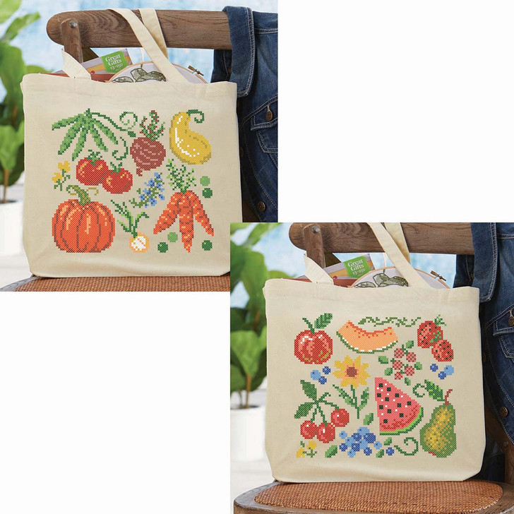Herrschners Fruit & Veggies Market Tote Bags Stamped Cross-Stitch Kit