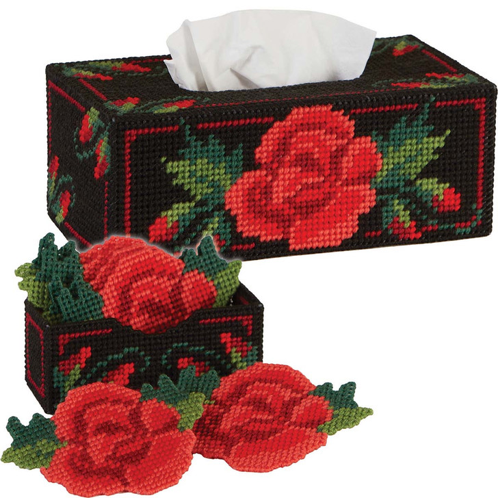 Herrschners Ruby Roses  Tissue Box & Coaster Set Plastic Canvas Kit