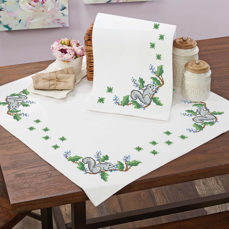 Herrschners Squirrel Chatter Topper & Runner Stamped Cross-Stitch