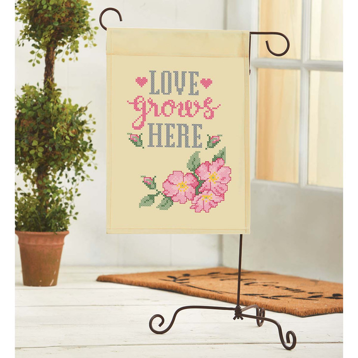 Herrschners Love Grows Here Porch Flag & Stand Stamped Cross-Stitch Kit
