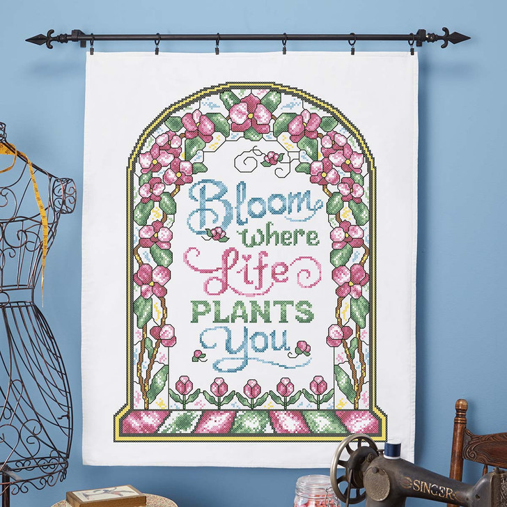 Herrschners Orchid Bloom Stained Glass Lap Quilt Top Stamped Cross-Stitch