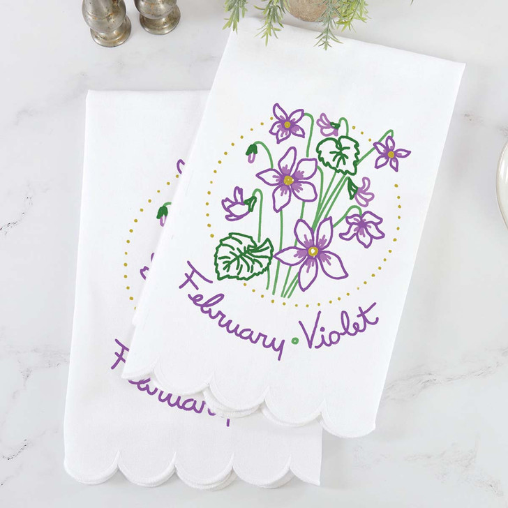 Herrschners Flower of the Month Transfers  & Scallop Hem Towel Pair Set Transfer