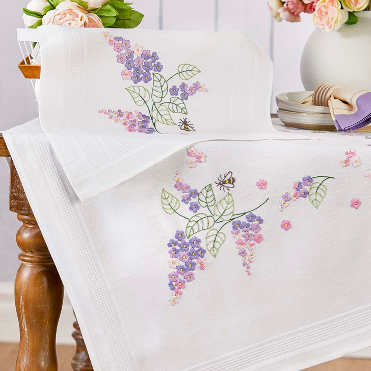 Herrschners Lavender & Bees Table Runner & Table Topper Set Stamped Embroidery