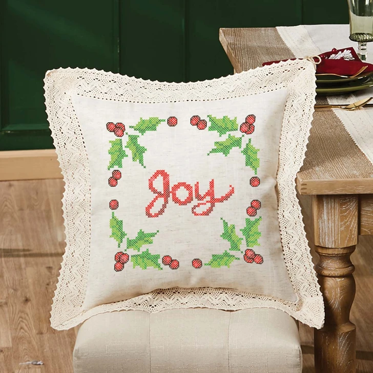 Herrschners Winter Holly & Berries Lace Trim Pillow Cover SCS Stamped Cross-Stitch