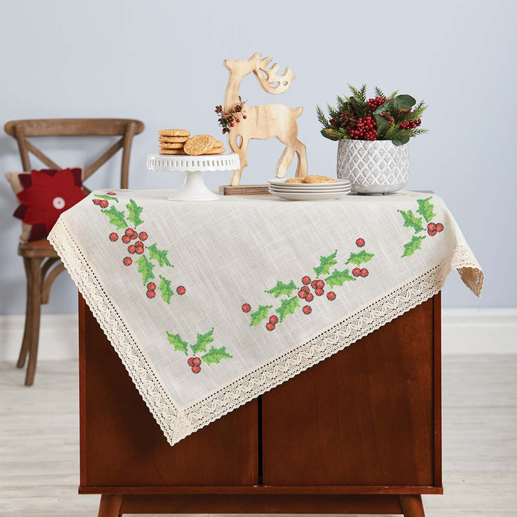 Herrschners Winter Holly & Berries Lace Trim Table Topper Stamped Cross-Stitch