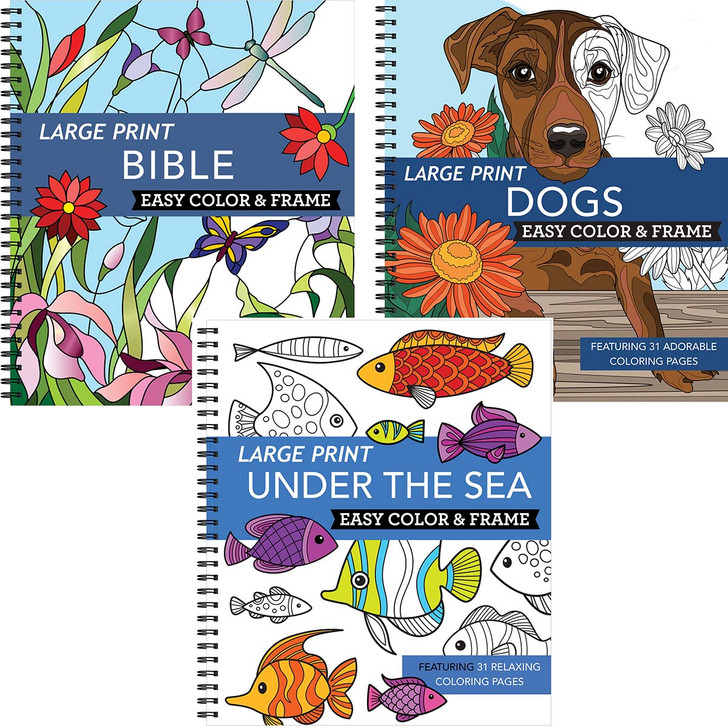 Brain Games Large Print Dogs, Under the Sea, & Bible, Set of 3 Coloring Book