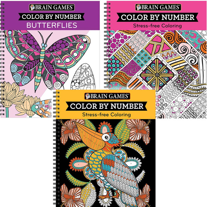 Brain Games Butterflies & Stree Free Color By Number, Set of 3 Coloring Book