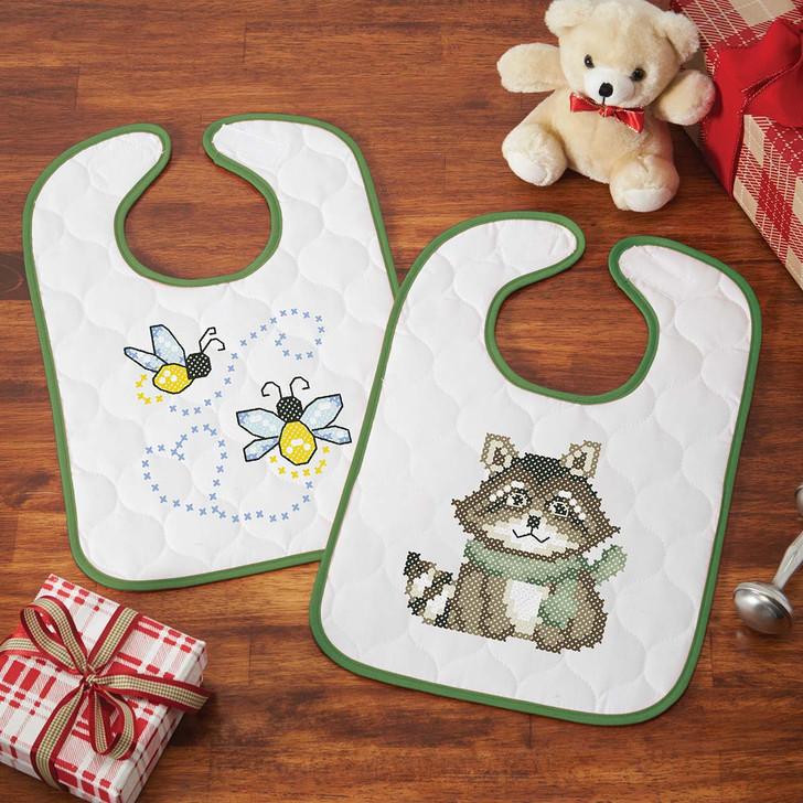 Herrschners Sleepy Raccoon Bibs Stamped Cross-Stitch