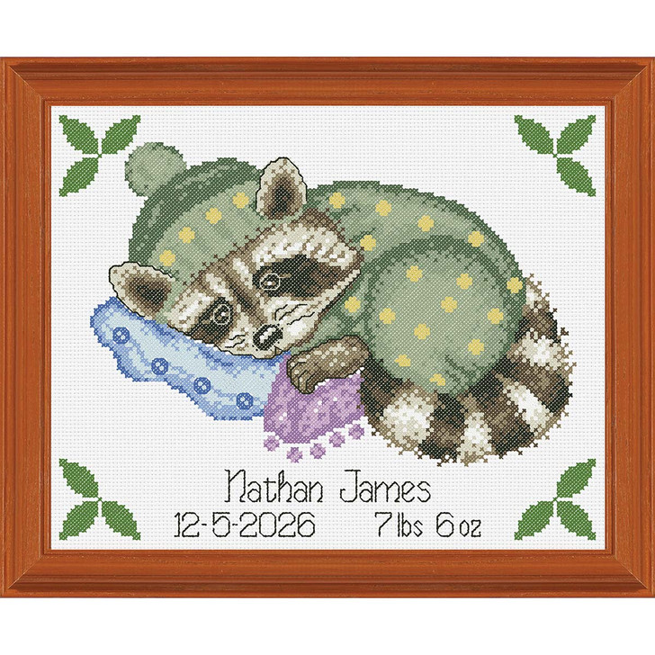Herrschners Sleepy Raccoon Birth Record Stamped Cross-Stitch