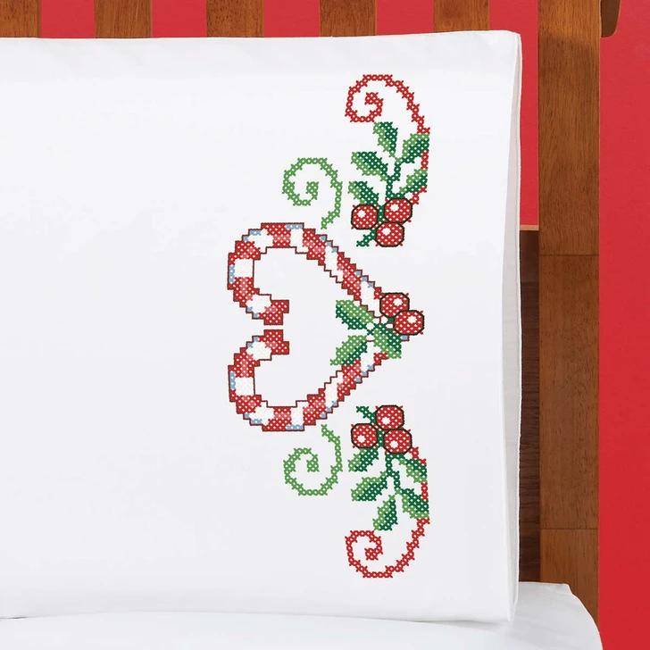 Herrschners Peppermint & Holly Pillowcase Pair Stamped Cross-Stitch