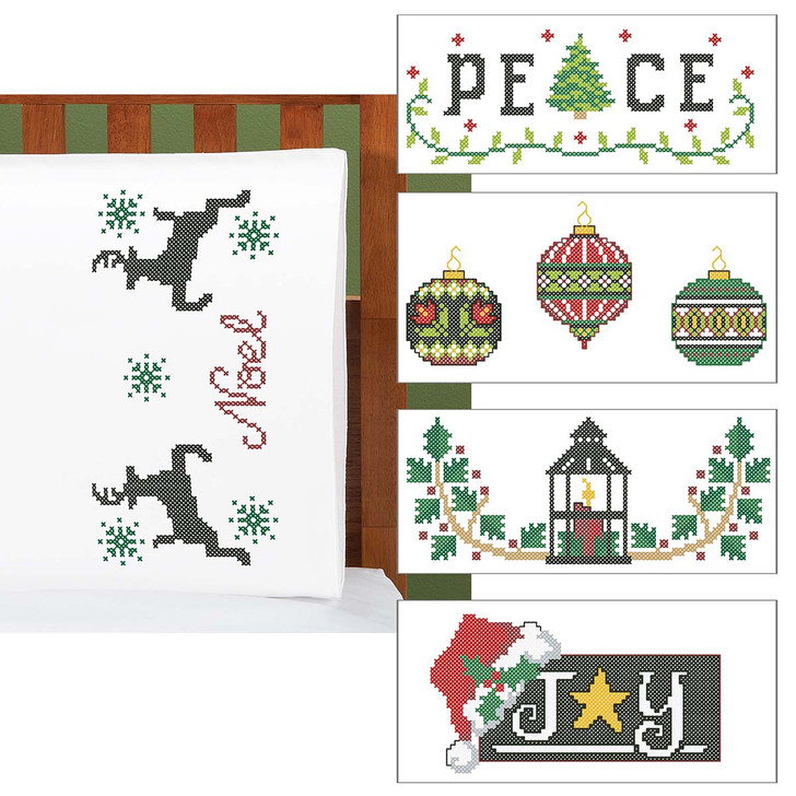 Herrschners Bold Christmas Pillowcase Set Stamped Cross-Stitch