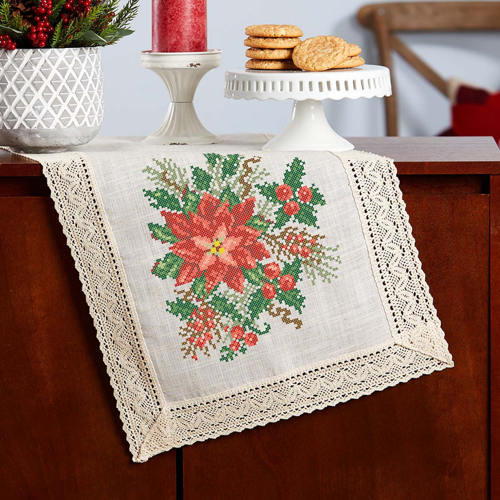 Herrschners Christmas Greenery Lace Trim Table Runner Stamped Cross-Stitch Kit