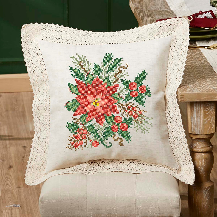 Herrschners Christmas Greenery Lace Trim Pillow Cover Stamped Cross-Stitch Kit
