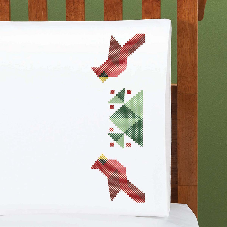 Herrschners Quilted Cardinal Pillowcase Pair Stamped Cross-Stitch