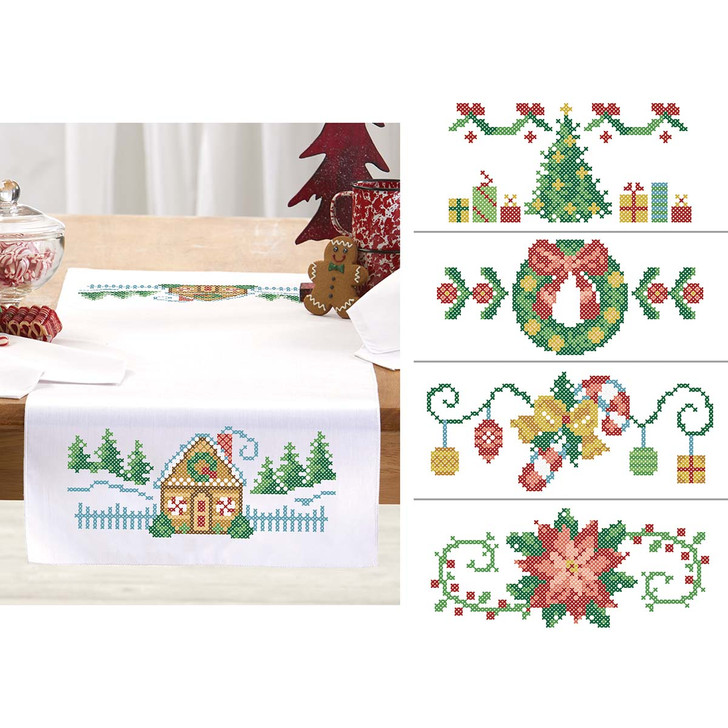 Herrschners Celebrate the Holidays Table Runner Set Stamped Cross-Stitch