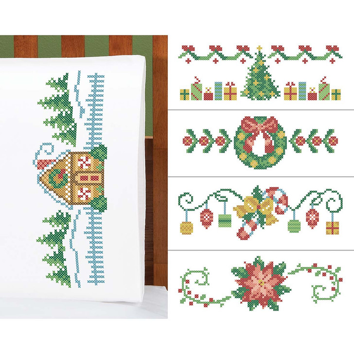 Herrschners Celebrate the Holidays Pillowcase Set or Runner Set Thread Kit