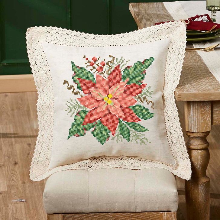 Herrschners Winter Poinsettia Pillow Cover Stamped Cross-Stitch