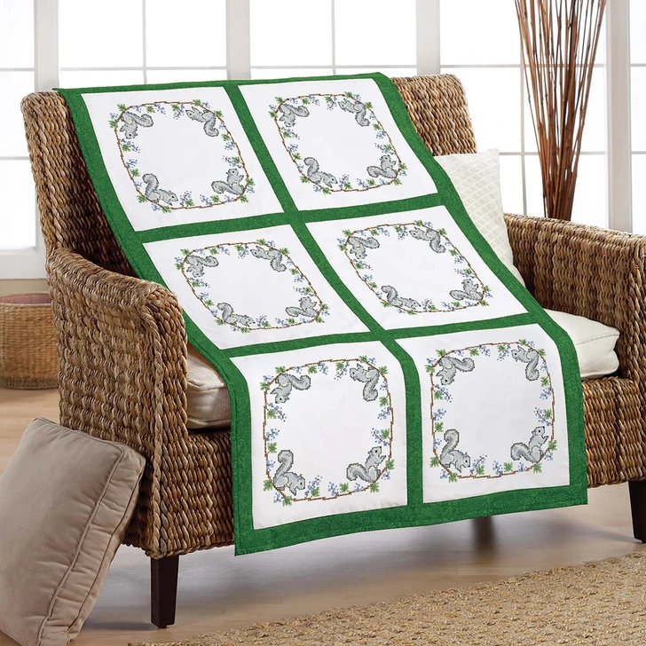 Herrschners Woodland Squirrel Quilt Blocks Stamped Cross-Stitch