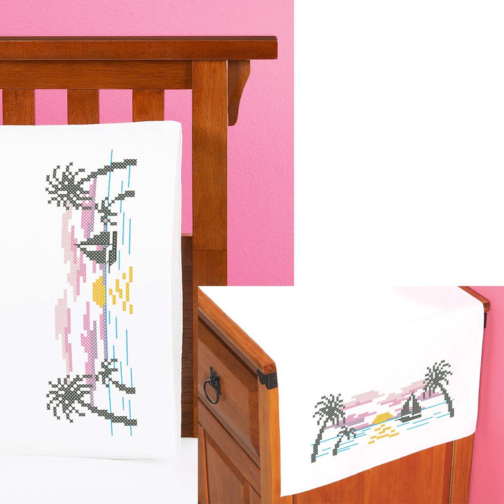 Herrschners Tropical Paradise Pillowcase Pair or Dresser Scarf Thread Kit