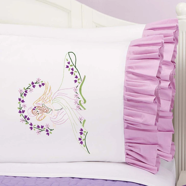 Herrschners Spring Angel Ruffled Pillowcase Pair Stamped Embroidery