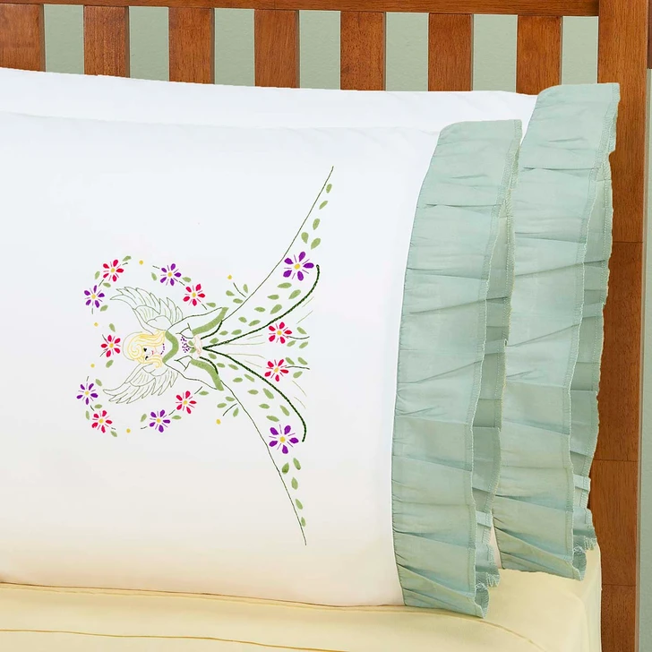 Herrschners Summer Angel Ruffled Pillowcase Pair Stamped Embroidery