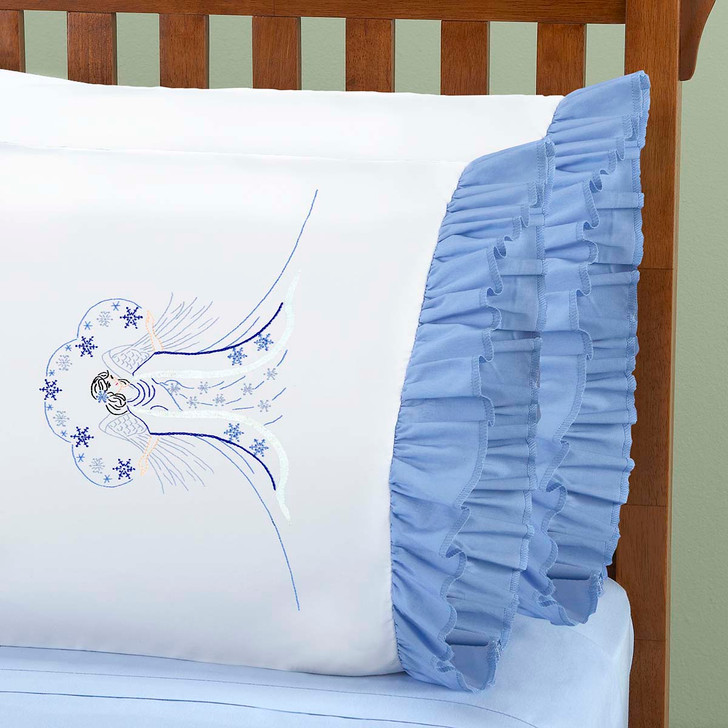 Herrschners Winter Angel Ruffled Pillowcase Pair Stamped Embroidery