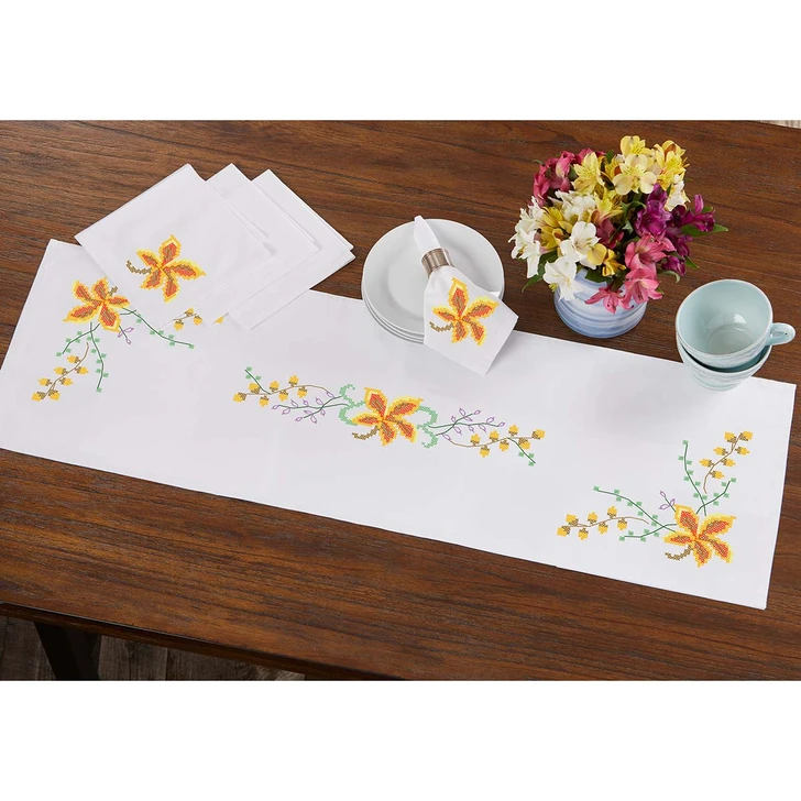 Herrschners Autumn Abundance Table Runner & Napkins Set Stamped Cross-Stitch