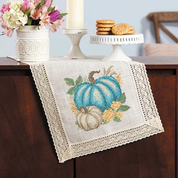 Herrschners Blue Pumpkin Lace Table Runner Stamped Cross-Stitch Kit