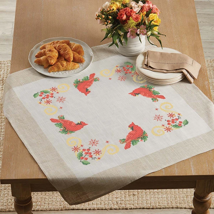 Herrschners Holiday Cardinal Table Topper Stamped Cross-Stitch Kit