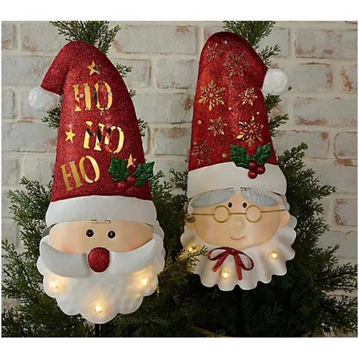 Illuminated Metal Mr. & Mrs. Claus Stakes