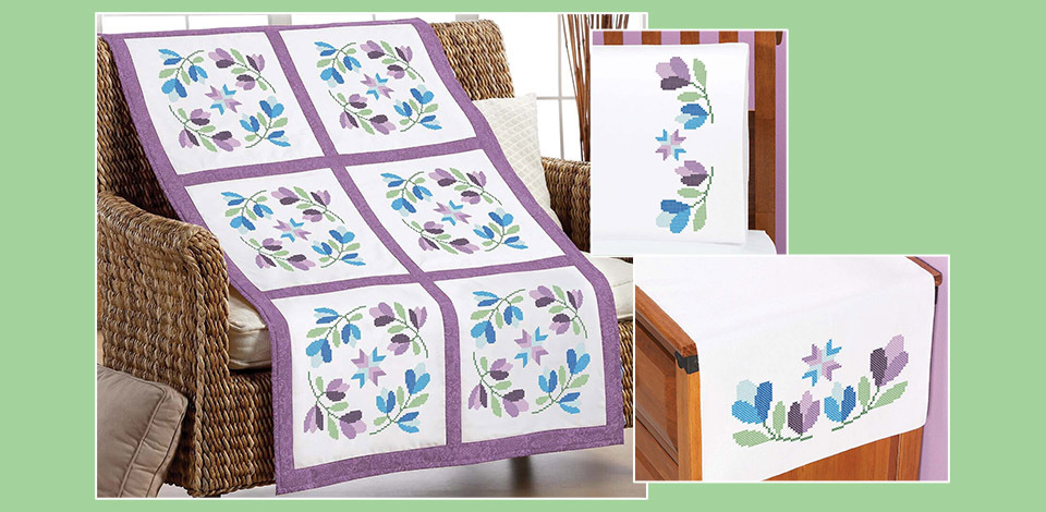 Stamped quilt, pillowcase and dresser scarf collection.