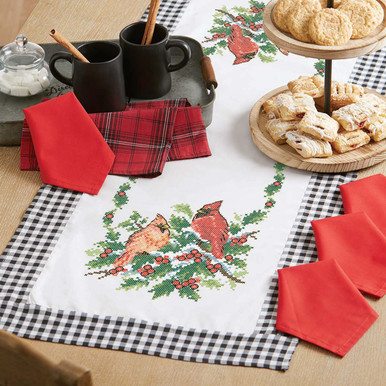 Herrschners Holly & Cardinal Table Runner & Napkins Stamped Cross-Stitch