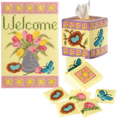 Flowers and Bees Spring Tissue Topper-Plastic Canvas Pattern or Kit