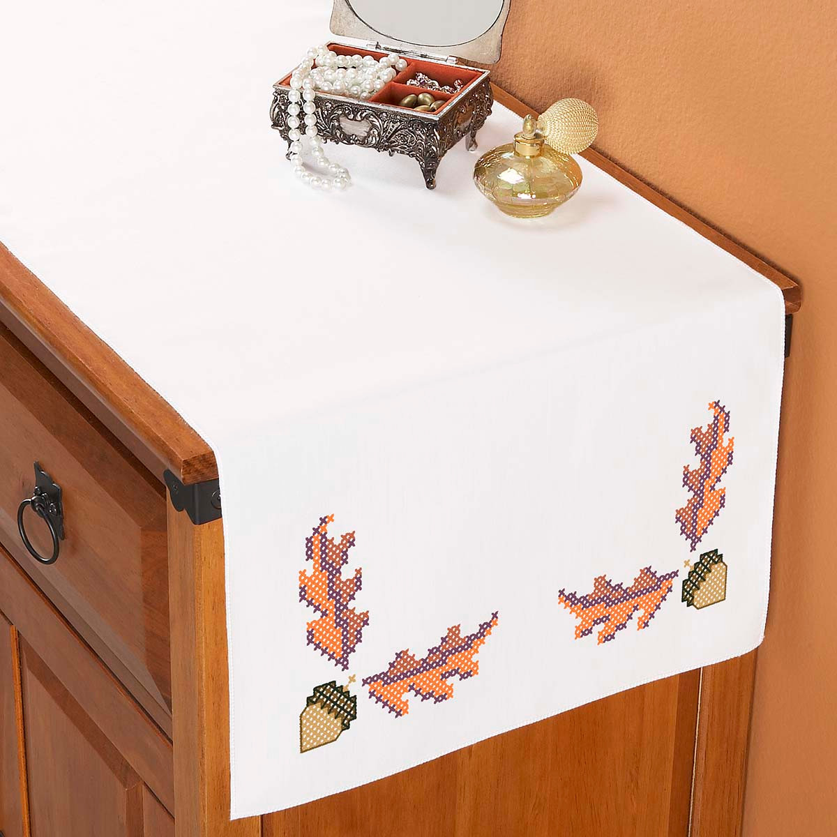 Herrschners The Autumn Leaves Dresser Scarf Stamped Cross-Stitch Herrschners The Autumn Leaves Dresser Scarf Stamped Cross-Stitch