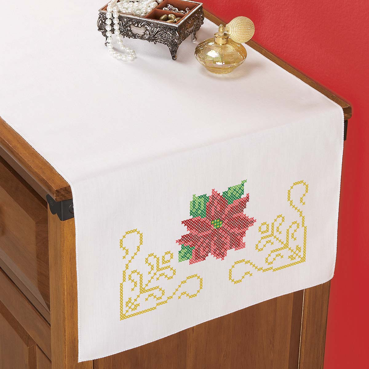 christmas dresser scarves Herrschners Holiday Poinsettia Scarf Stamped Cross-Stitch With this exclusive pattern