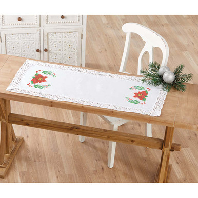 Herrschners Poinsettia Passion Lace-Trimmed Table Runner Stamped Embroidery Kit