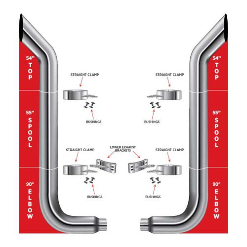TRUX TSK6-BSET5 6" BULLHORN EXHAUST KIT W/ 54" TOP STACKS, 90Â° REDUCED ELBOWS & 55" MIDDLE SPOOLS