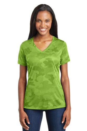 Sport-Tek LST370 DISCONTINUED Sport-Tek Ladies CamoHex V-Neck Tee. LST370