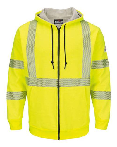 Bulwark SMZ4HV Men's Hi-Visibility Zip-Front Hooded Fleece Sweatshirt with Waffle Lining