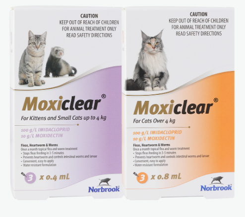 Moxiclear Large Cat Flea and Worm Treatment for cats and kittens under4kg and over 4kg. Monthly spot-on for the treatment and prevention of fleas, ear mites and intestinal worms.