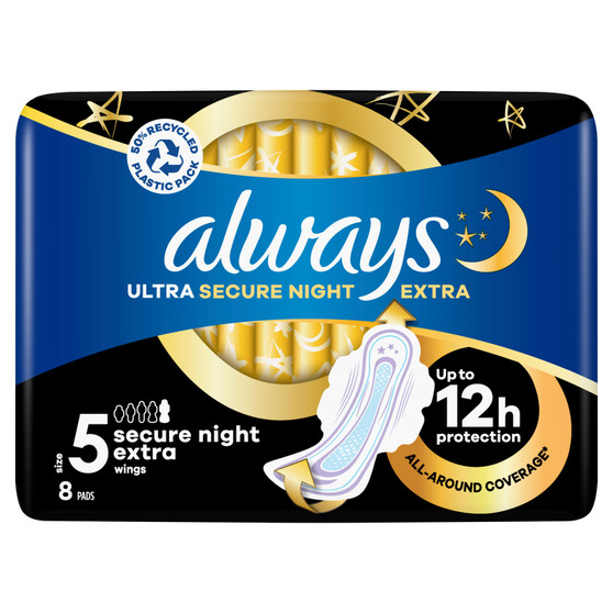 Always Ultra Secure Night Extra Wings Size 5 8 Pack