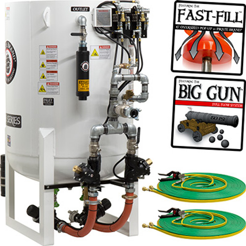 BLAST POT, STATIONARY, 20.0 CU FT, 2 OUTLET, PRESSURE HOLD SYSTEM, PNEUMATIC W/HOSE MOUNTED ABRASIVE CUT-OFF FEATURE, 65" OAH