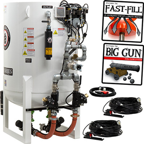 BLAST POT, STATIONARY, 20.0 CU FT, 2 OUTLET, PRESSURE HOLD SYSTEM, ELECTRIC W/VESSEL MOUNTED ABRASIVE CUT-OFF FEATURE, 65" OAH