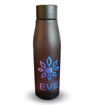 alt="EVE Brands black plastic water bottle with reflective logo"