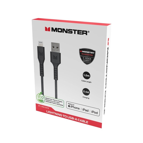 Monster 1.2M Lightning to USB-A Thermo Plastic Elastometer Cable Black