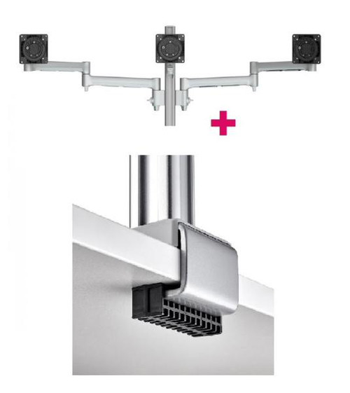 Atdec AWMS-3-13714 Triple Monitor Arms + 400mm Post / 12kg (26.5lb) Flat Screens, 10kg (22lb) Curved Screens + C Clamp Desk Fixing, Silver